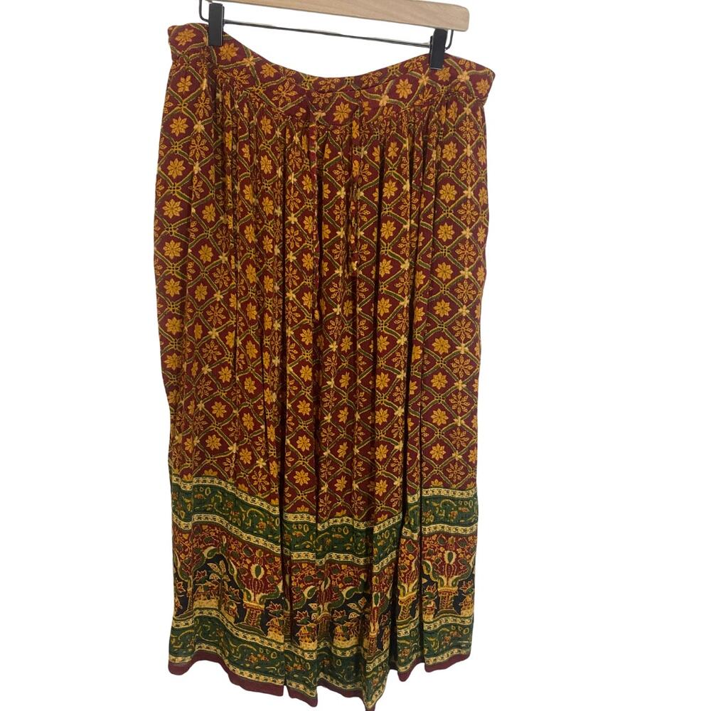 Orvis Vintage Burgundy Orange Floral Maxi Skirt Rayon Border Print Sz S** / OSFM